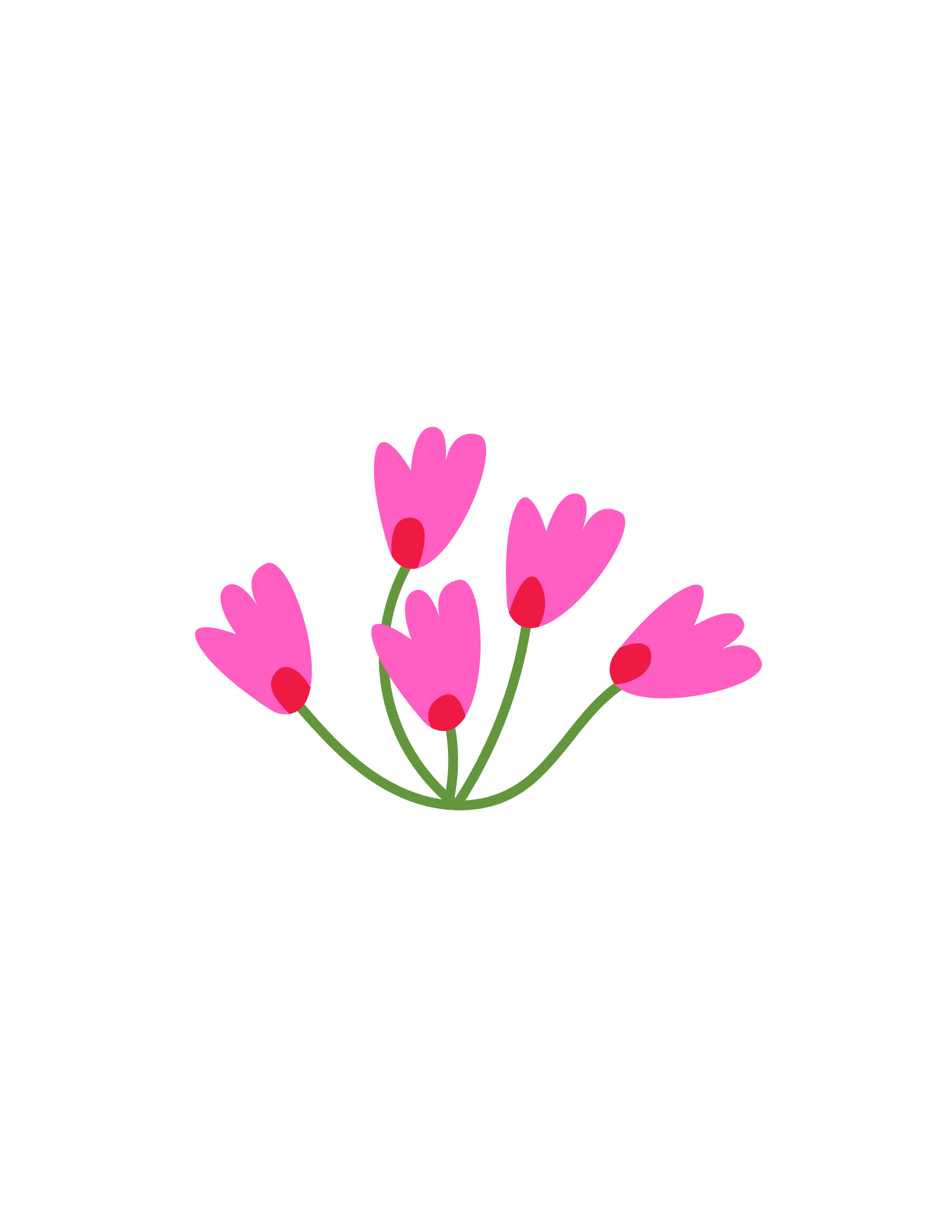 Group of pink flowers with red centers on green stems, set against a black background.