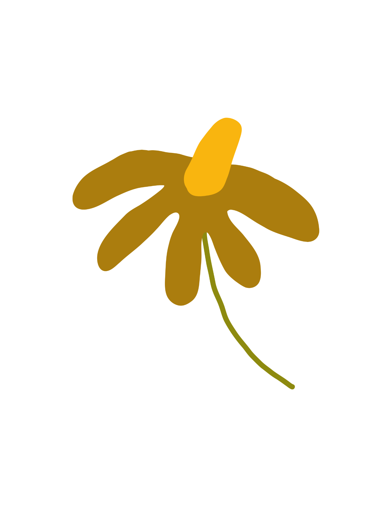A yellow flower with seven petals and green stem against a black background.