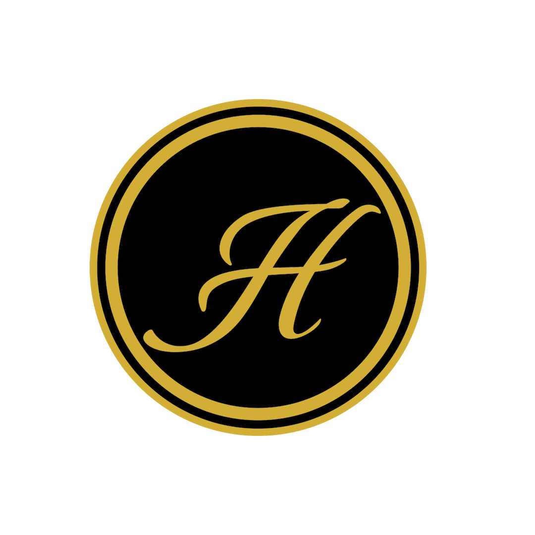 Gold and black logo for The Hamilton Supperette and Lounge featuring a stylized uppercase letter 'H' inside a circular border.  located in Oklahoma City.