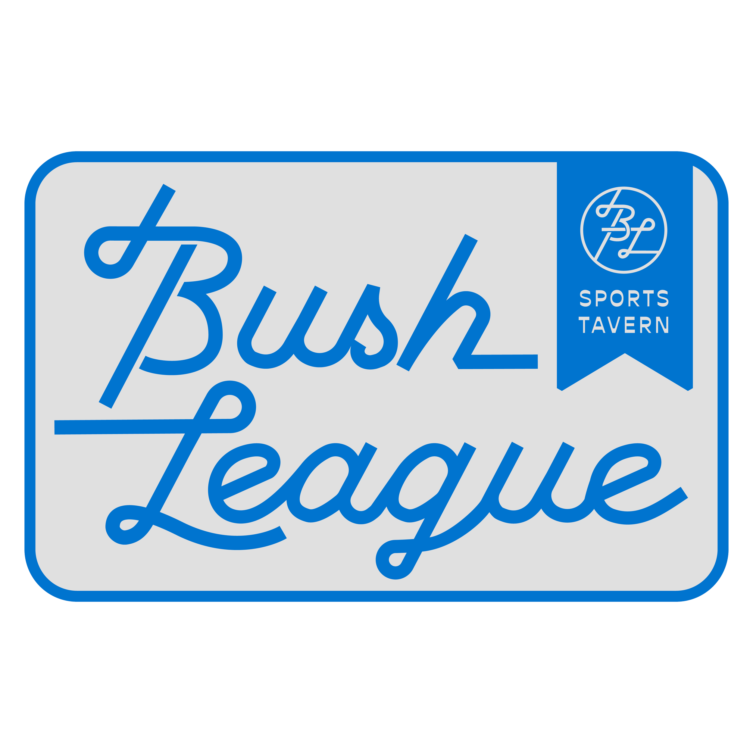 A vintage-style sign for Bush League Sports Tavern, featuring a blue and gray color scheme and a circular logo with the initials 'B' and 'L'.  located in Oklahoma City.