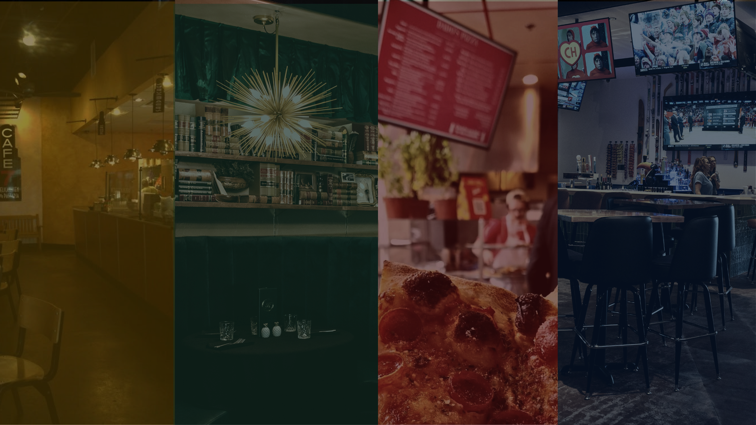 A collage of four different scenes: a cozy cafe with yellow walls and hanging lamps, a bookshelf with a starburst light fixture, a pizza with pepperoni, and a bar or sports lounge with multiple TV screens and people sitting at high tables.