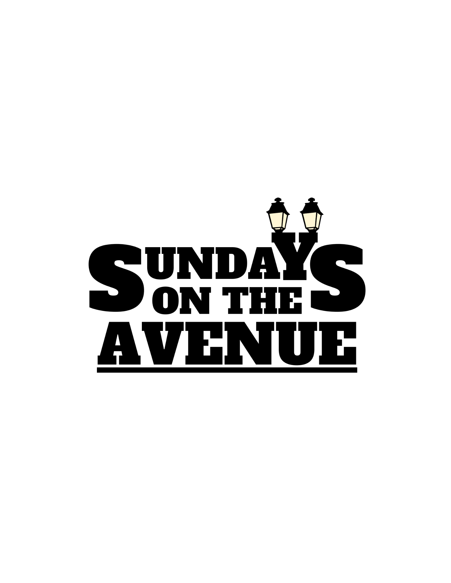 Graphic text reading "Sundays on the Avenue" with two street lamps above the text.
