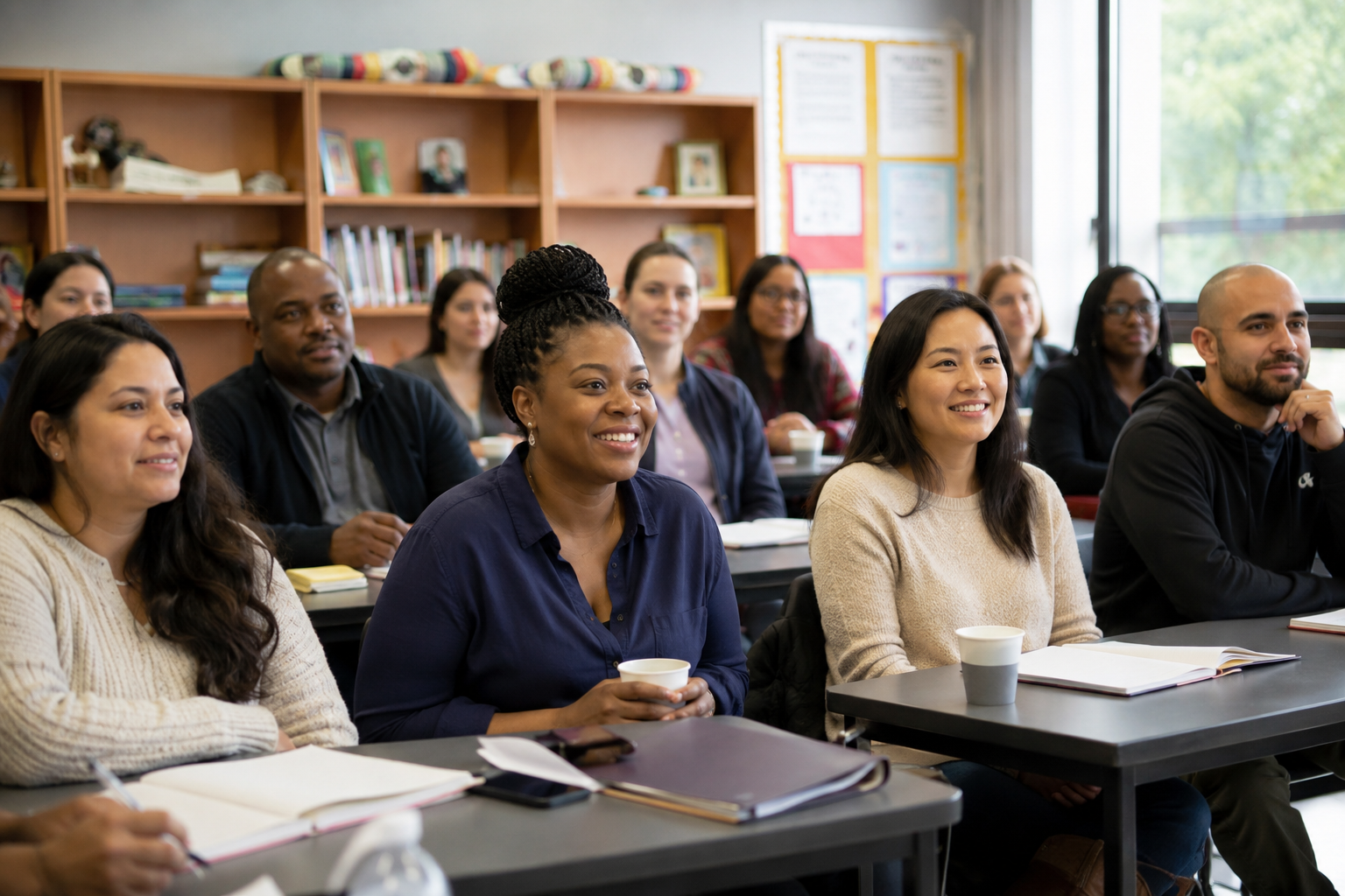Group of diverse adults attending a classroom lecture or seminar, listening attentively with notebooks and coffee cups on desks.