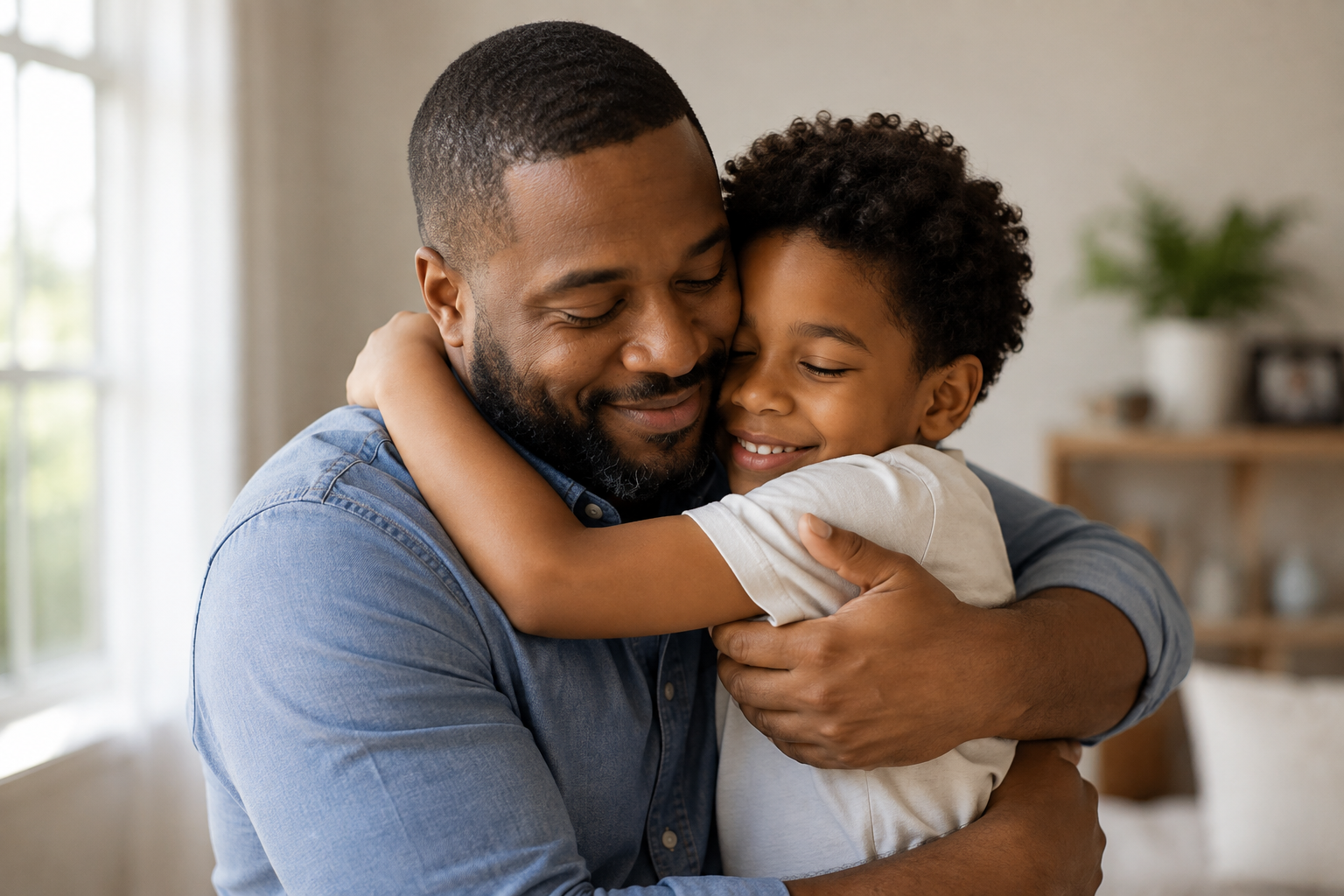 A father and son embracing each other in a warm hug, smiling with eyes closed in a cozy indoor setting.