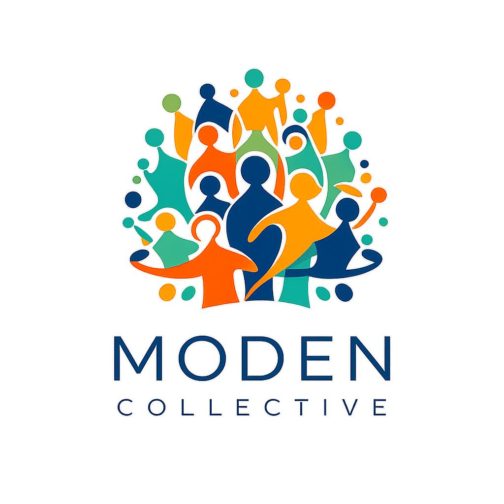 Colorful logo with abstract human figures forming a tree, and text reading 'MODEN COLLECTIVE'.