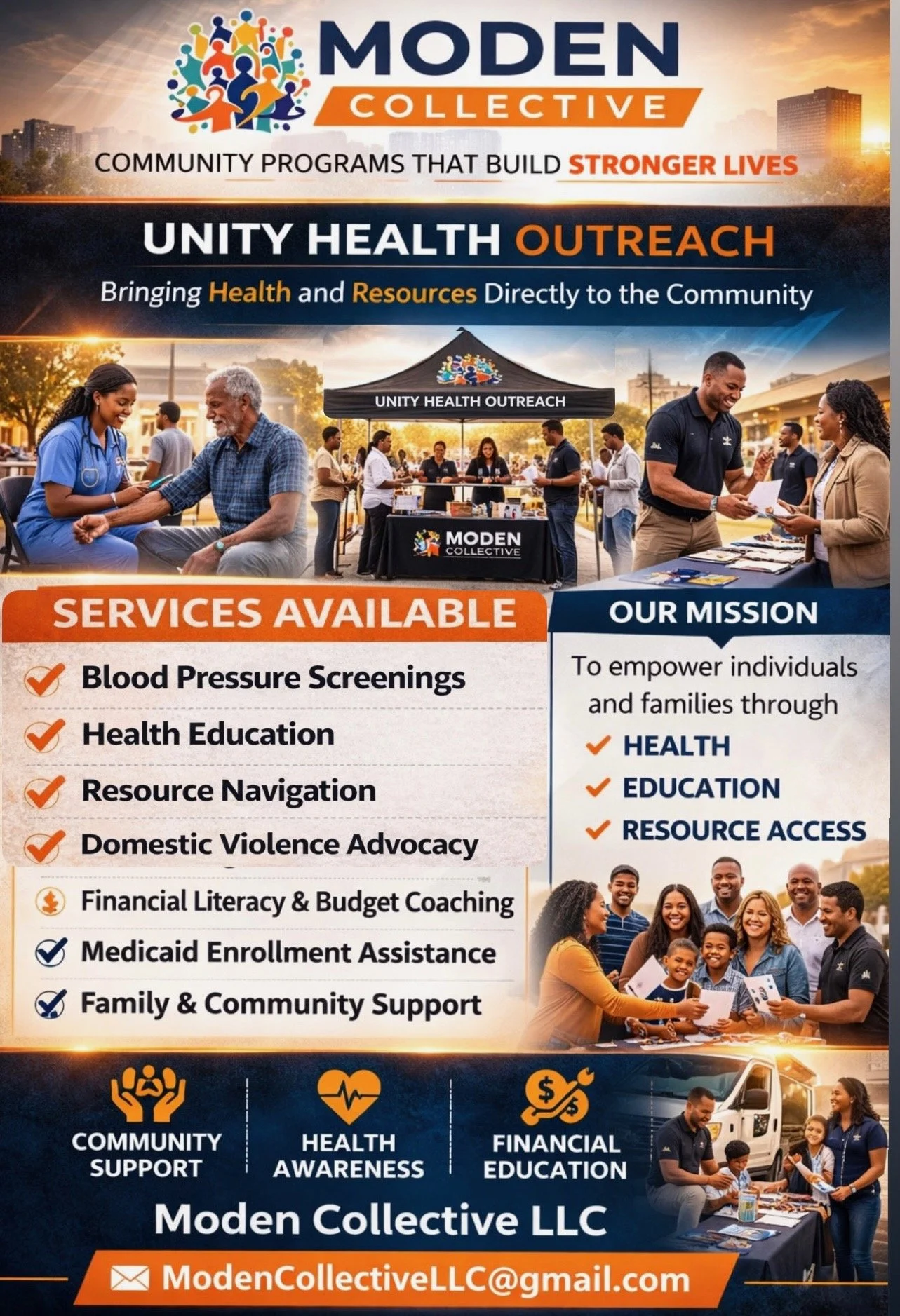 Poster promoting community health outreach programs by Moden Collective LLC. It features images of community members interacting with health providers at an outdoor event, highlighting services such as blood pressure screenings, health education, resource navigation, domestic violence advocacy, financial literacy, Medicaid enrollment, and family support. The poster emphasizes building stronger lives through health, education, and resource access, with the mission to empower individuals and families.