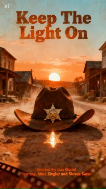 A cowboy hat with a sheriff's badge on it, placed on a dirt road in a small town at sunset. The sun is near the horizon, creating a warm glow. The title "Keep The Light On" is at the top, and additional text credits the director and starring actors a