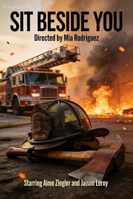 Firefighter helmet and axe on the ground in the foreground, with a fire truck and a large fire in the background at a burning building.