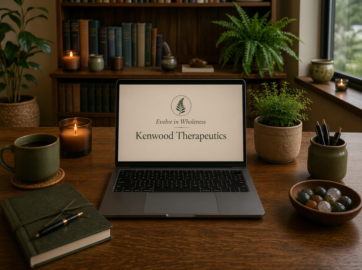 A laptop on a wooden desk displaying the logo and name of Kenwood Therapeutics, with potted plants, candles, a notebook, pens, and a bowl of decorative stones surrounding it, in a cozy, well-lit room with bookshelves and a window.