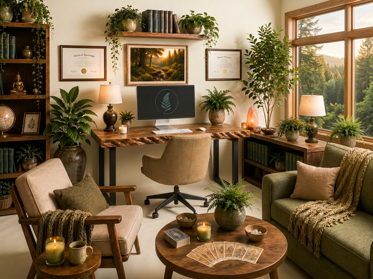 A cozy home office with a desk, computer, books, and greenery, featuring large windows with a view of trees and mountains.