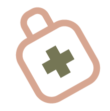 Illustration of a medicine bottle with a cross on it, in beige and green colors.