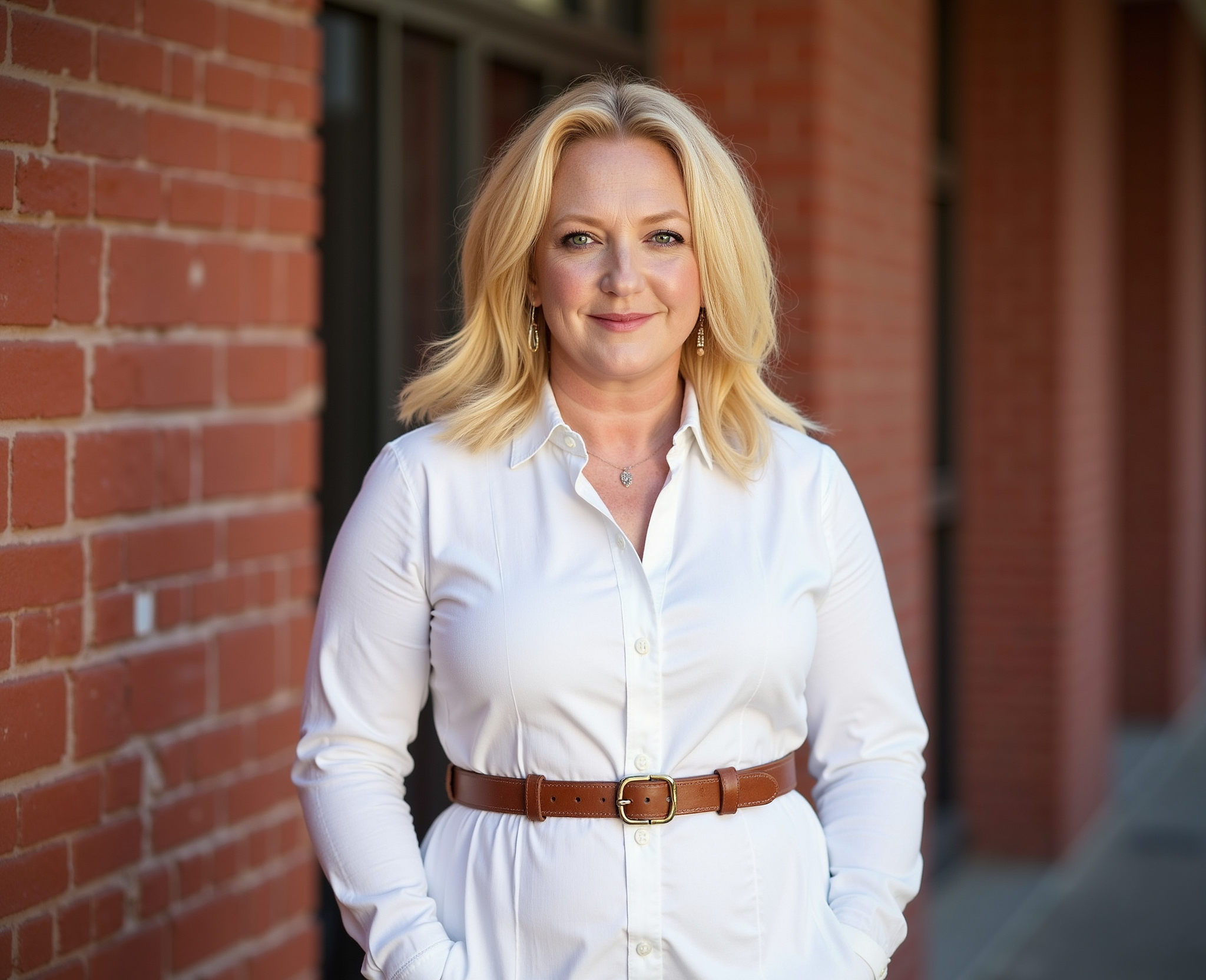 A woman with blonde hair wearing a white button-up shirt and a brown belt standing outdoors against a brick wall.
