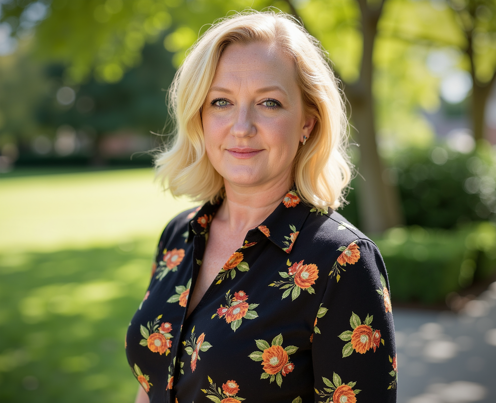 A woman with blonde hair, wearing a black dress with orange floral patterns, standing outdoors in a park setting with lush green trees and grass, smiling softly at the camera.