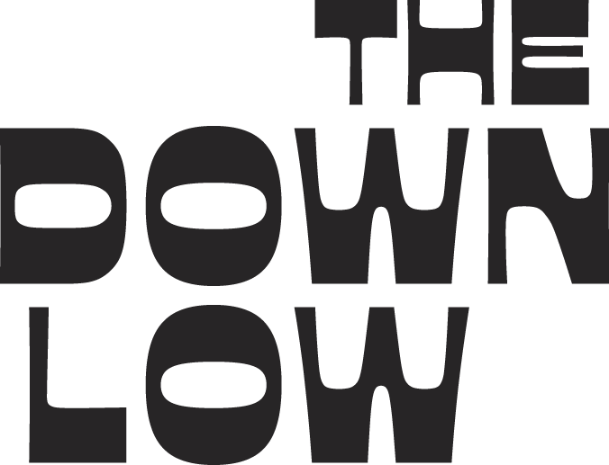 Text reading 'THE DOWN LOW' arranged vertically in black on a white background. This is the logo for this local news section, which will be published weekly.
