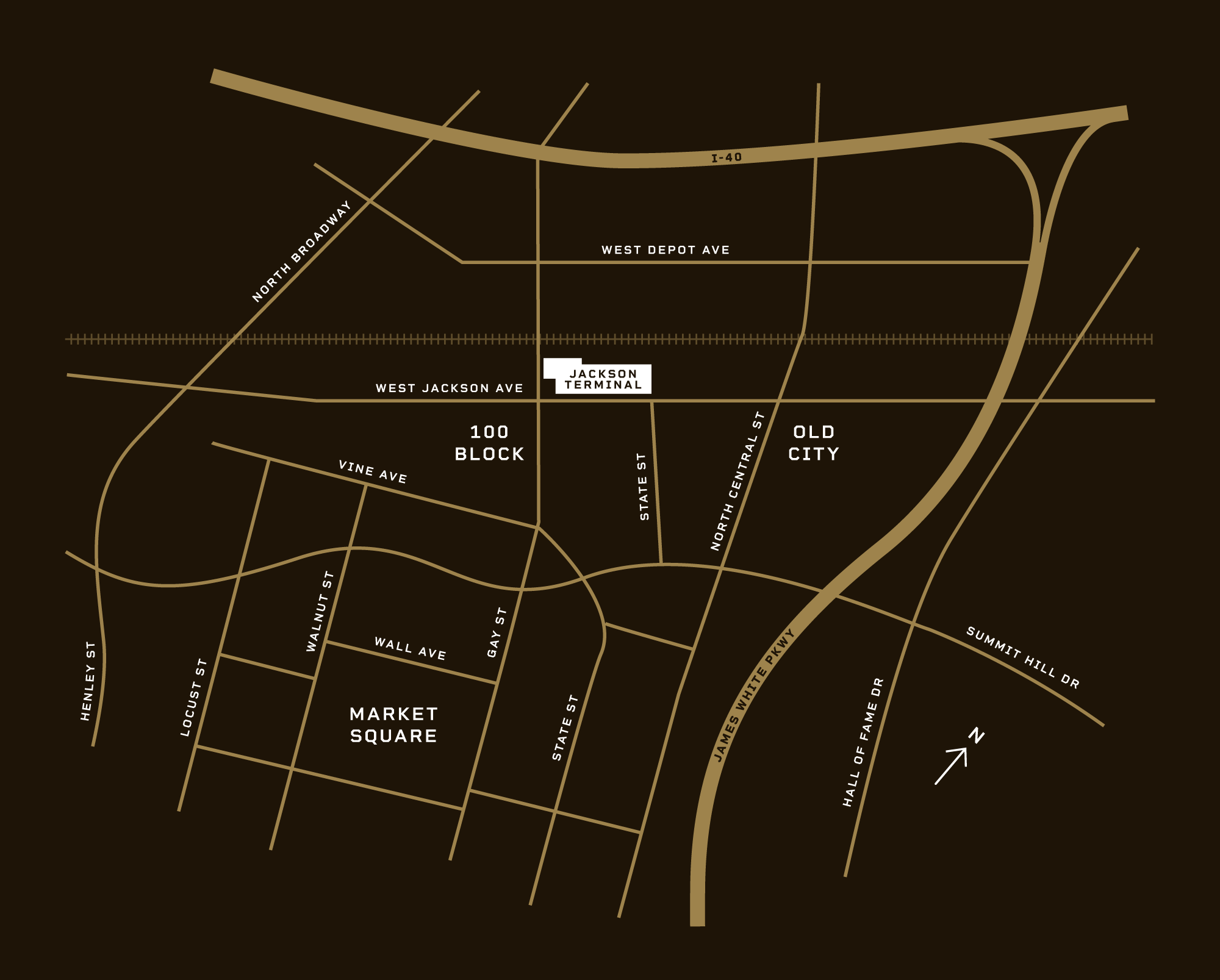 Map of downtown area showing streets, landmarks, and neighborhoods including Market Square, 100 Block, Old City, Jackson Terminal, and main roads like West Jackson Ave, North Broadway, and I-40