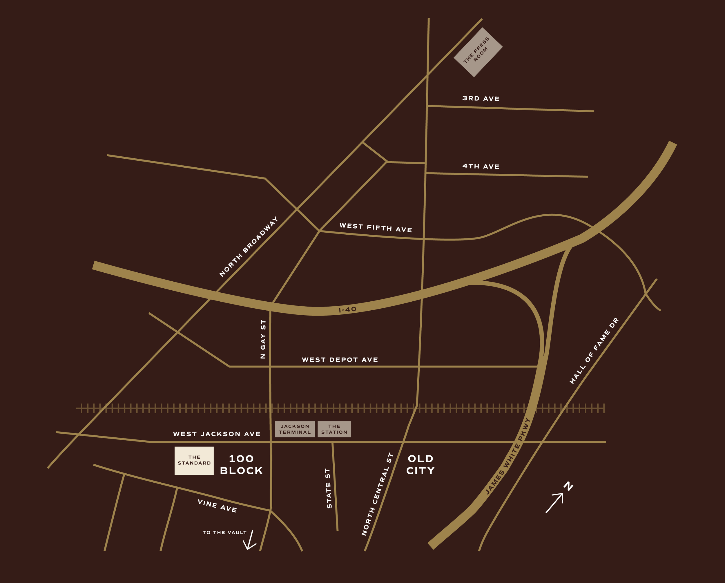 Map of the area around The Old City Knoxville and Jackson station, showing streets, the Standard, 100 Block, and hall of fame drive.