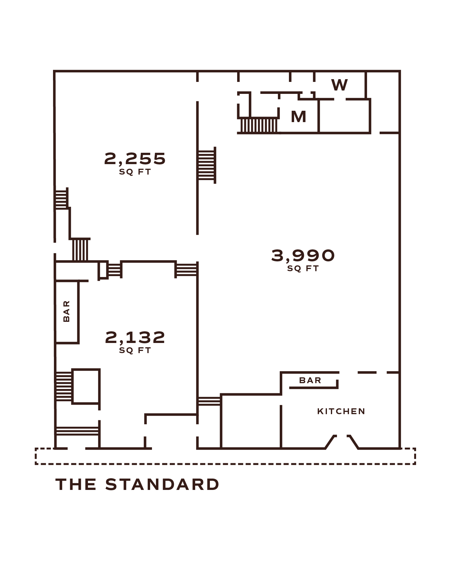 Floor plan showing various rooms with measurements, including a living room of 2,255 square feet, a 2,132-square-foot room, and a 3,990-square-foot room, with labels for kitchen, bar, and other areas.