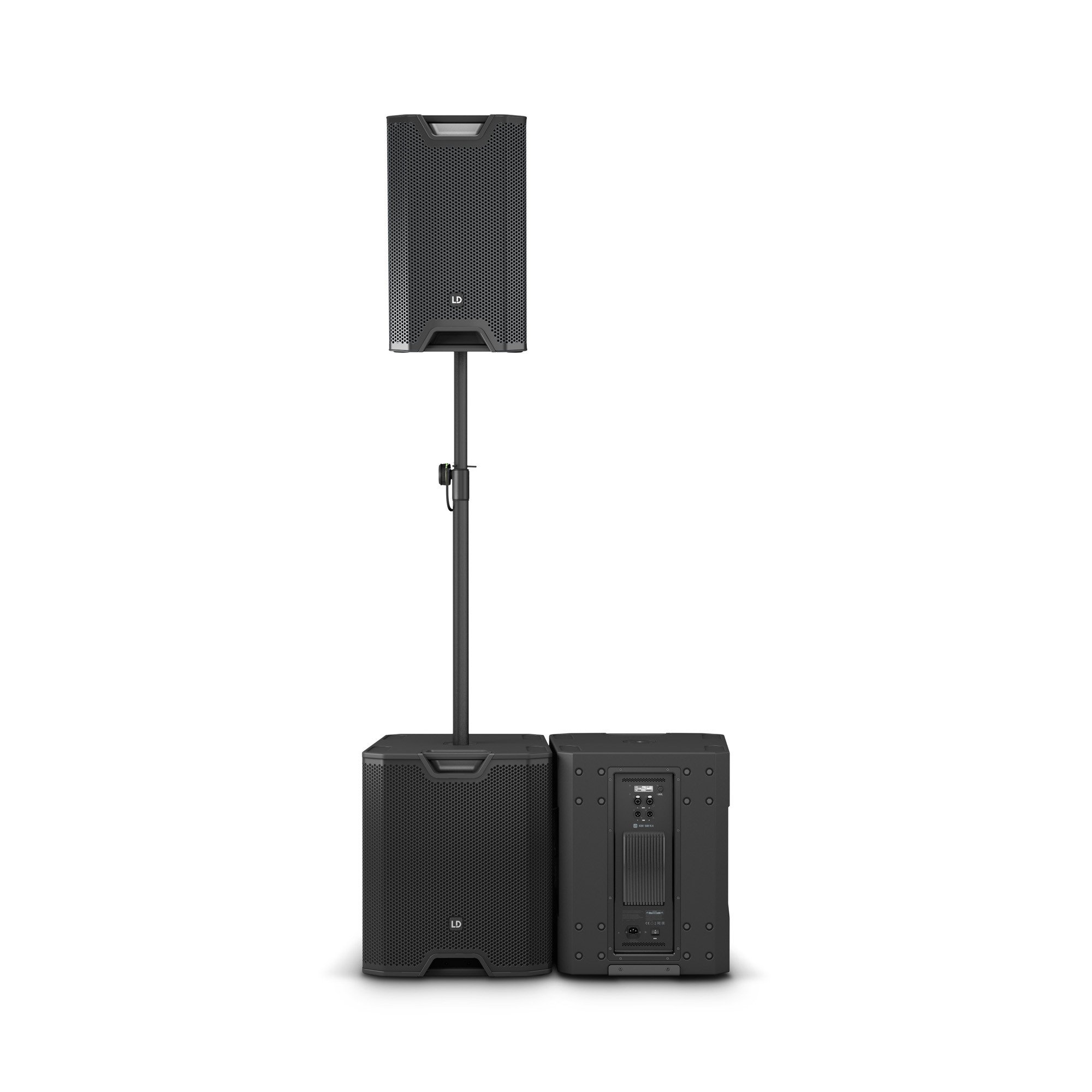 Multiple professional loudspeakers and audio equipment stacked on a white background.