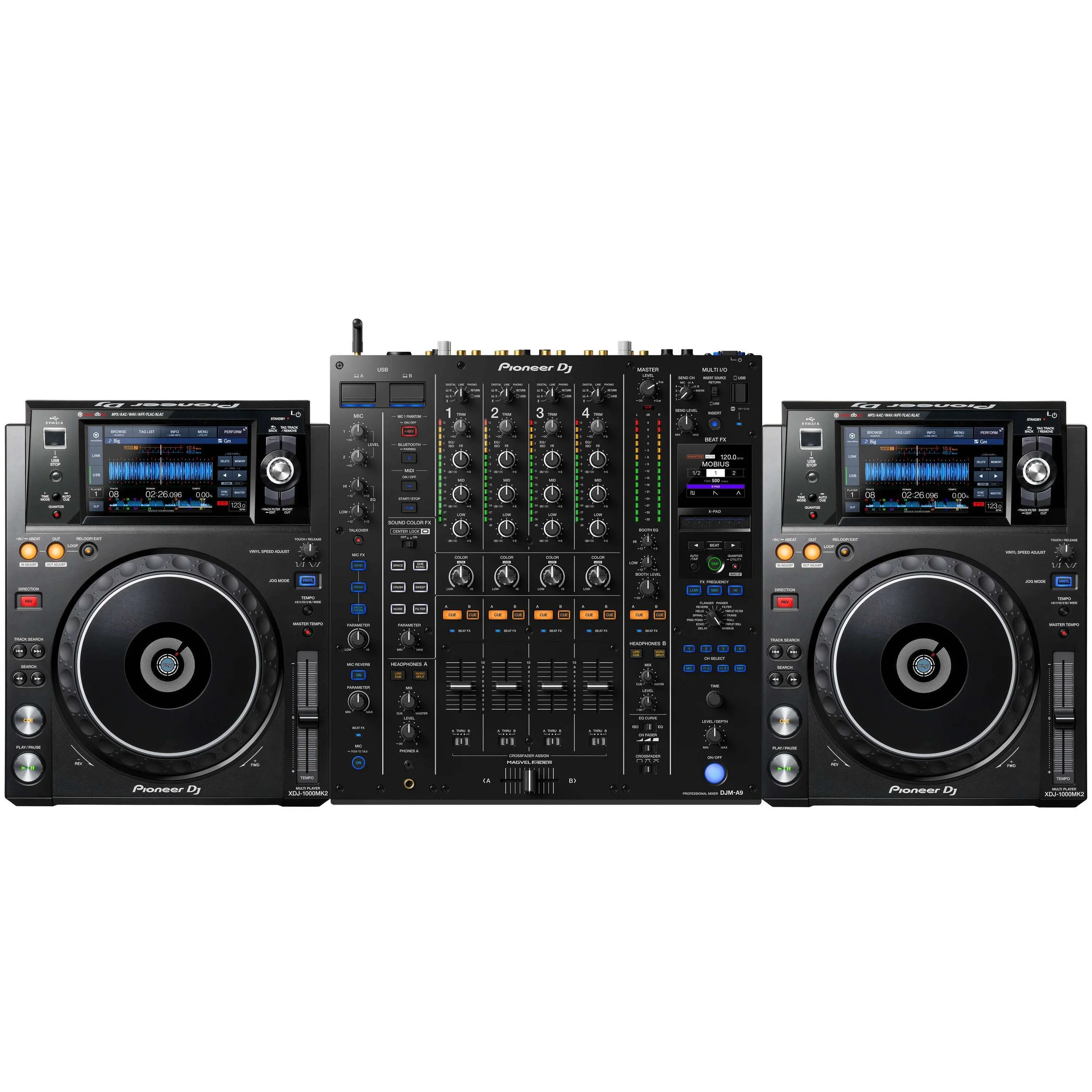 A DJ mixing console with two turntables and an audio mixer in the center, featuring various controls, knobs, and displays for audio playback and mixing.