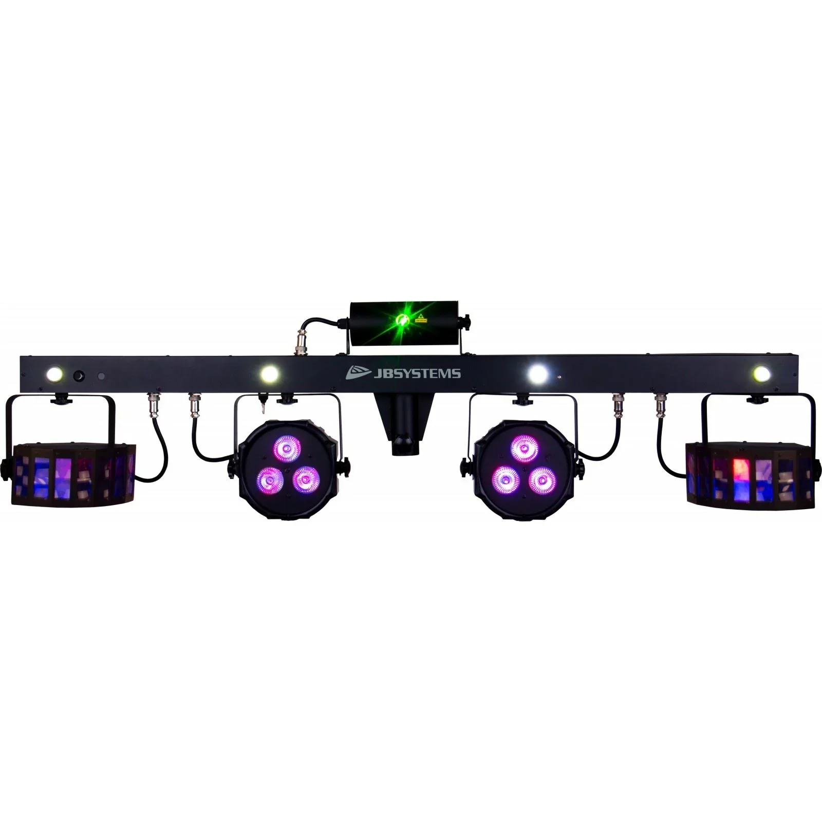 Stage lighting equipment with laser and LED lights, mounted on a black rig labeled JB SYSTEMS, against a white background.