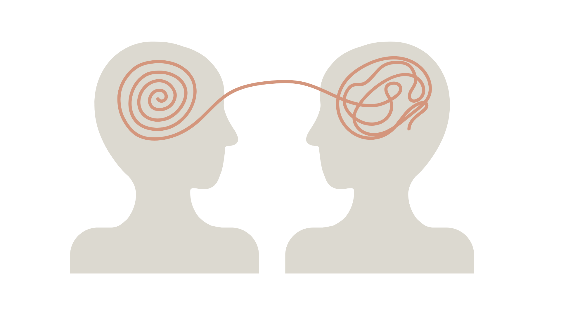 Silhouettes of two people's heads facing each other with tangled lines connecting their brains, symbolizing communication or mental connection.