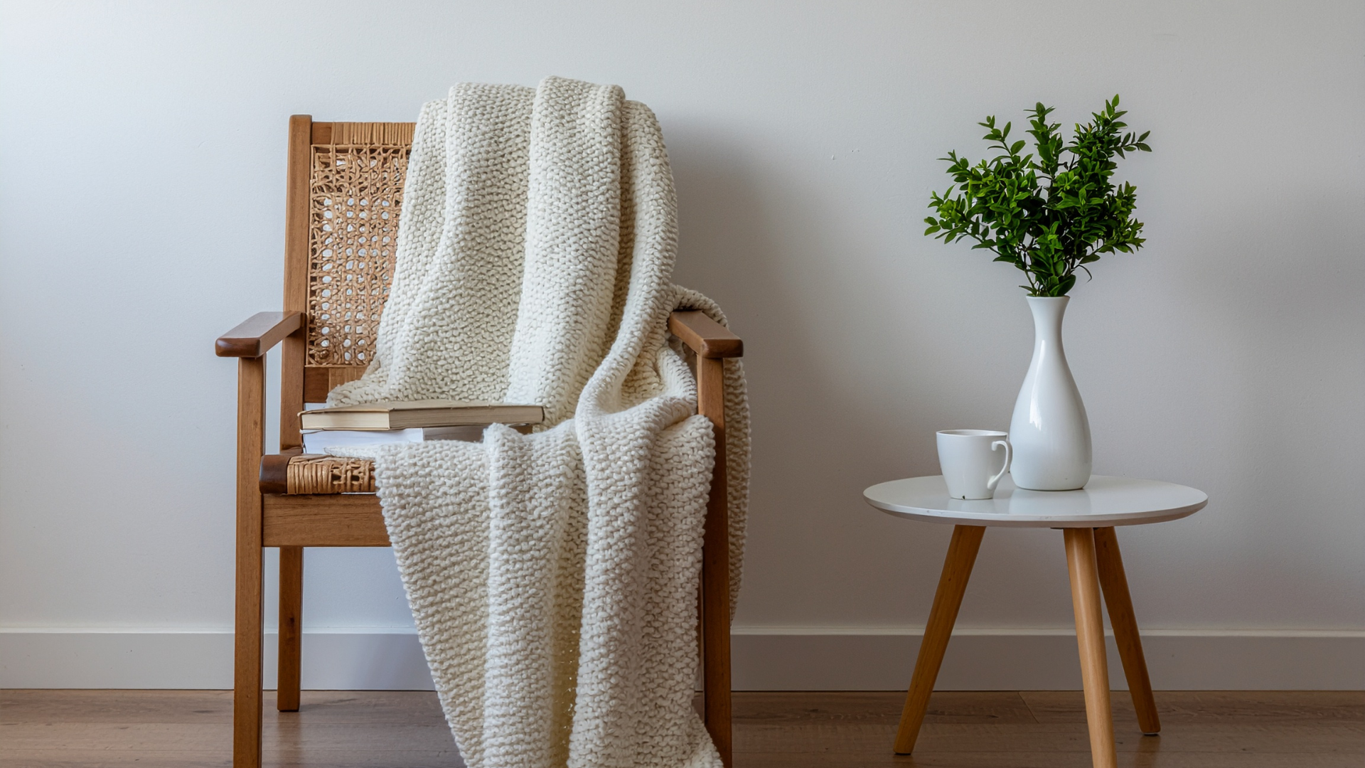 A wooden chair with a woven backrest and armrests, draped with a chunky, cream-colored blanket, on which a book rests. Next to the chair, a small round white table holds a white mug and a tall white vase with green leafy plant.
