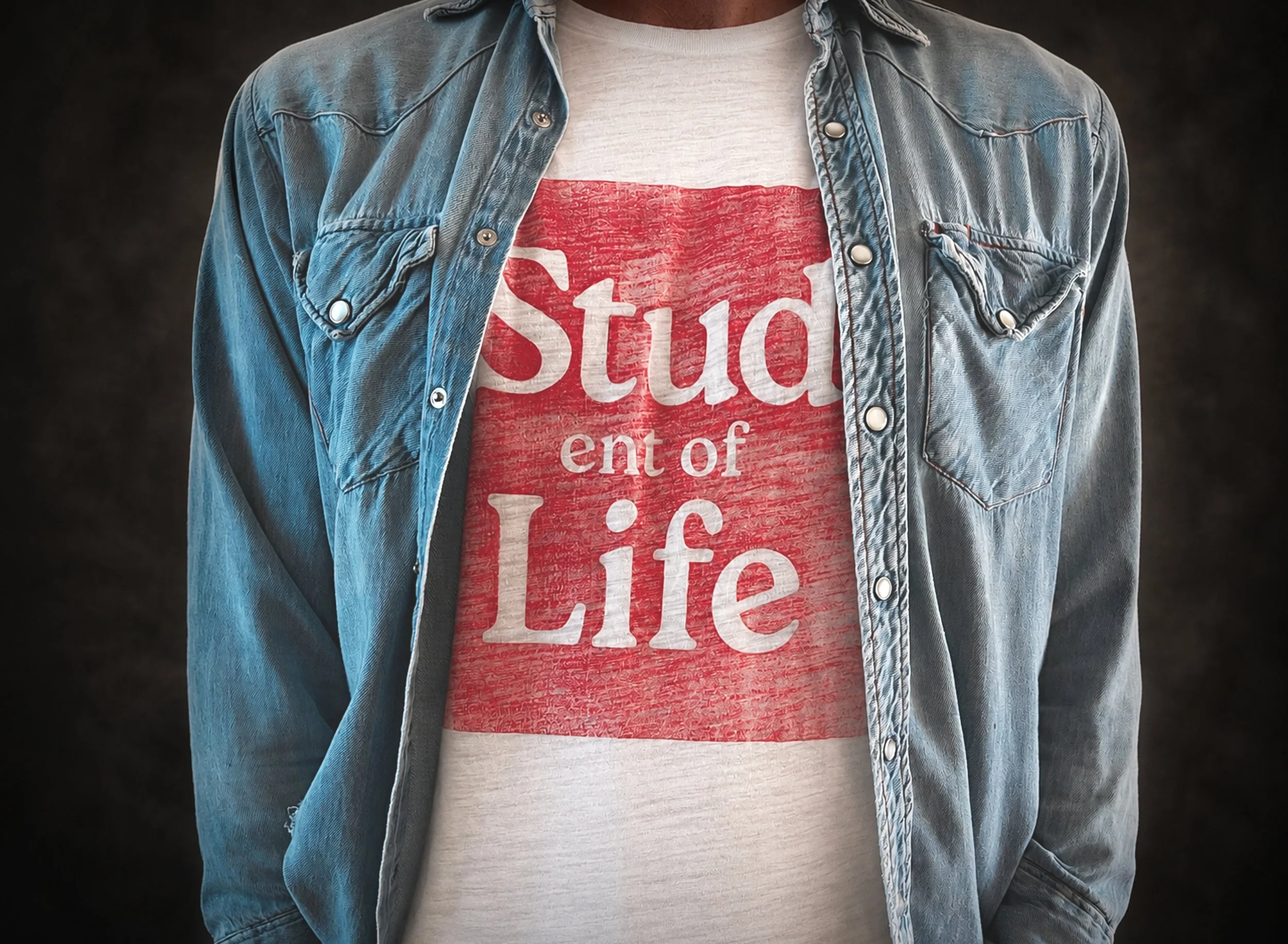 Person wearing a denim jacket over a white graphic t-shirt that reads 'Stupid en of life' with a red background.