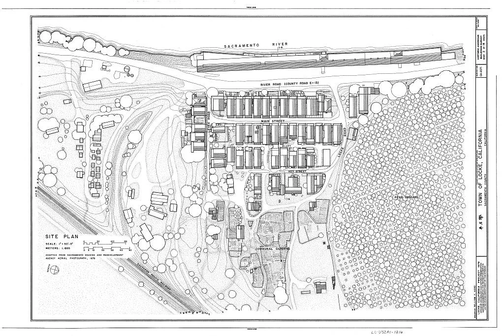 A detailed black and white site plan of Locke showing streets, buildings, trees, and a river.