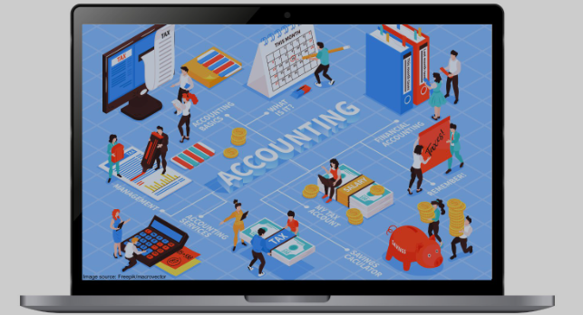 Illustration of accounting concept with people managing financial documents, calculators, coins, piggy bank, and charts on a blue background.
