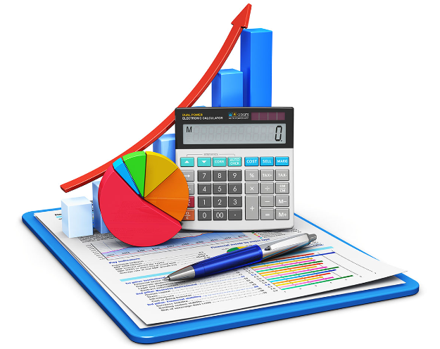 Financial documents, a calculator, a pen, and charts including a pie chart and a bar graph showing upward trend.