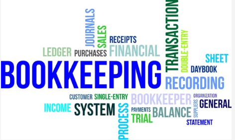 Word cloud related to bookkeeping and accounting terms including 'BOOKKEEPING' prominently in the center, surrounded by words like ledger, purchases, sales, receipts, financial, transactions, record, system, balance, process, invoice, income, statement, general, organization, daybook, ledger, customer, single-entry, double-entry, payments, trial, sheet, transfer, journal, bookkeeping, record.