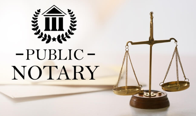 The image features the words 'Public Notary' with a scale of justice and a courthouse icon in black and white, and a brass balance scale on a wooden base on the right.