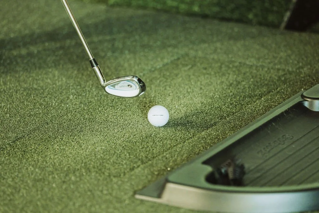 Golf ball on artificial turf, golf club behind it, and a golf putter in the foreground.
