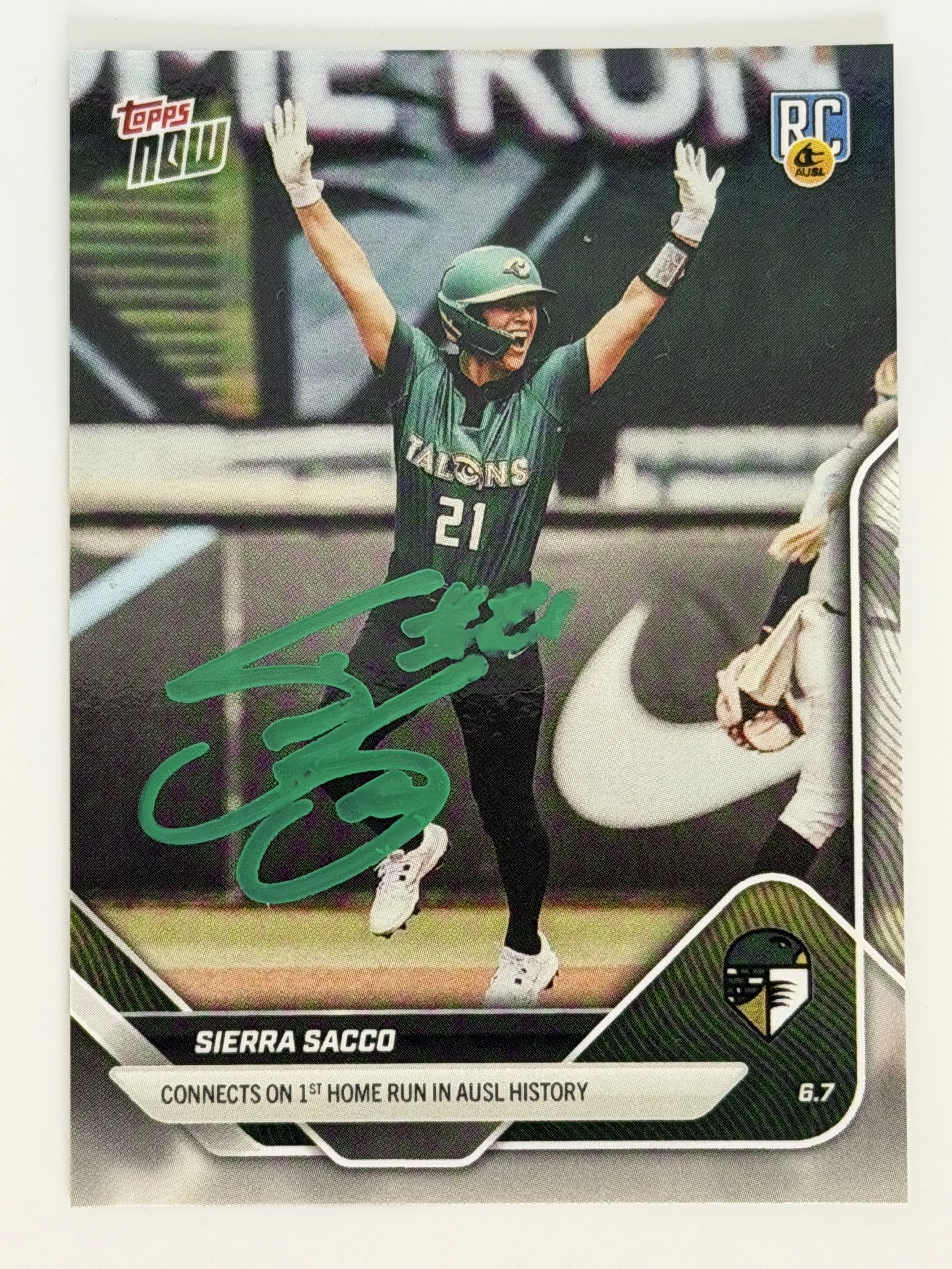 Signed 2025 Topps Now Sierra Sacco #2 (RC) - 1st Home Run in AUSL History - E