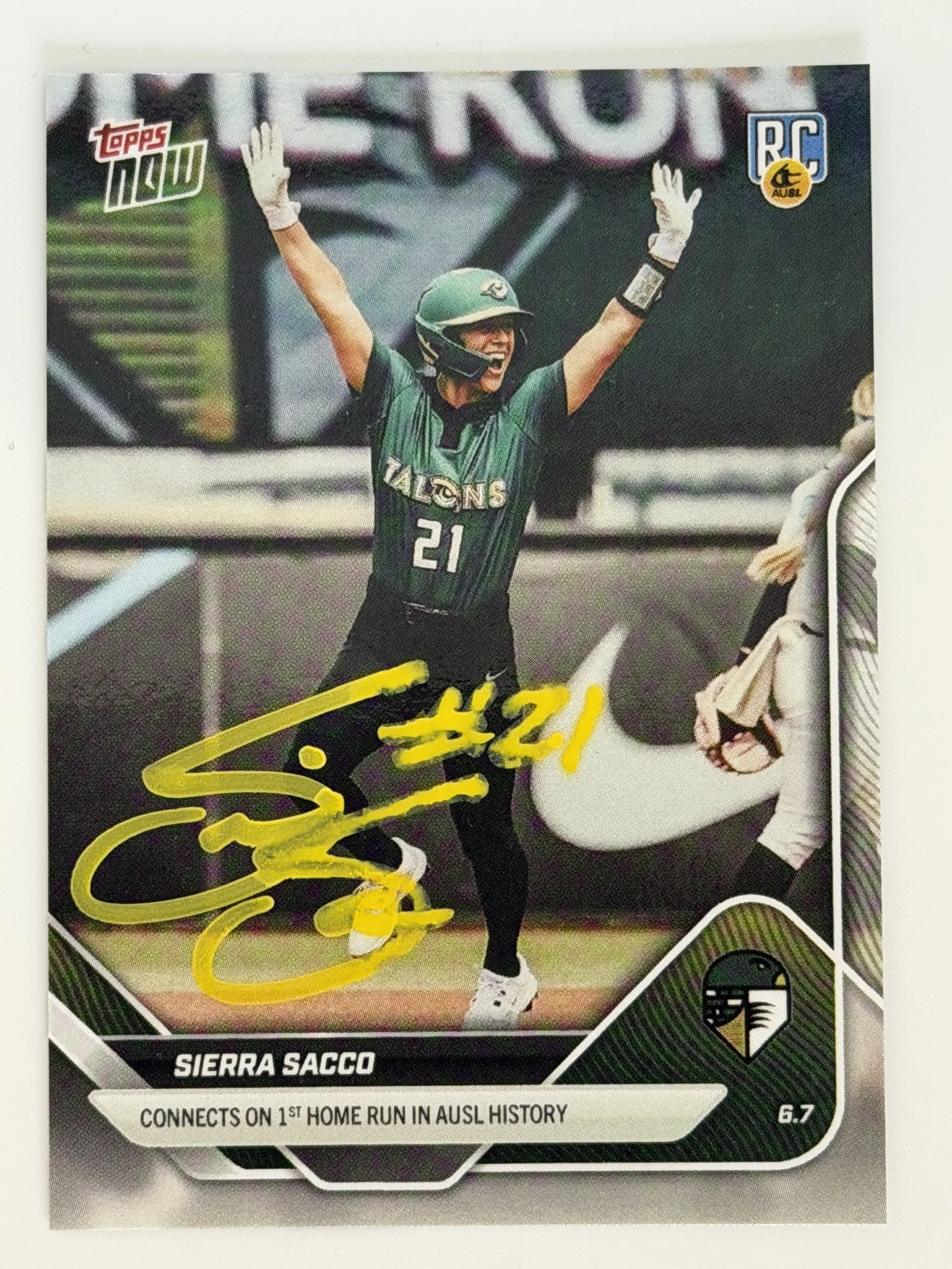 Signed 2025 Topps Now Sierra Sacco #2 (RC) - 1st Home Run in AUSL History - F
