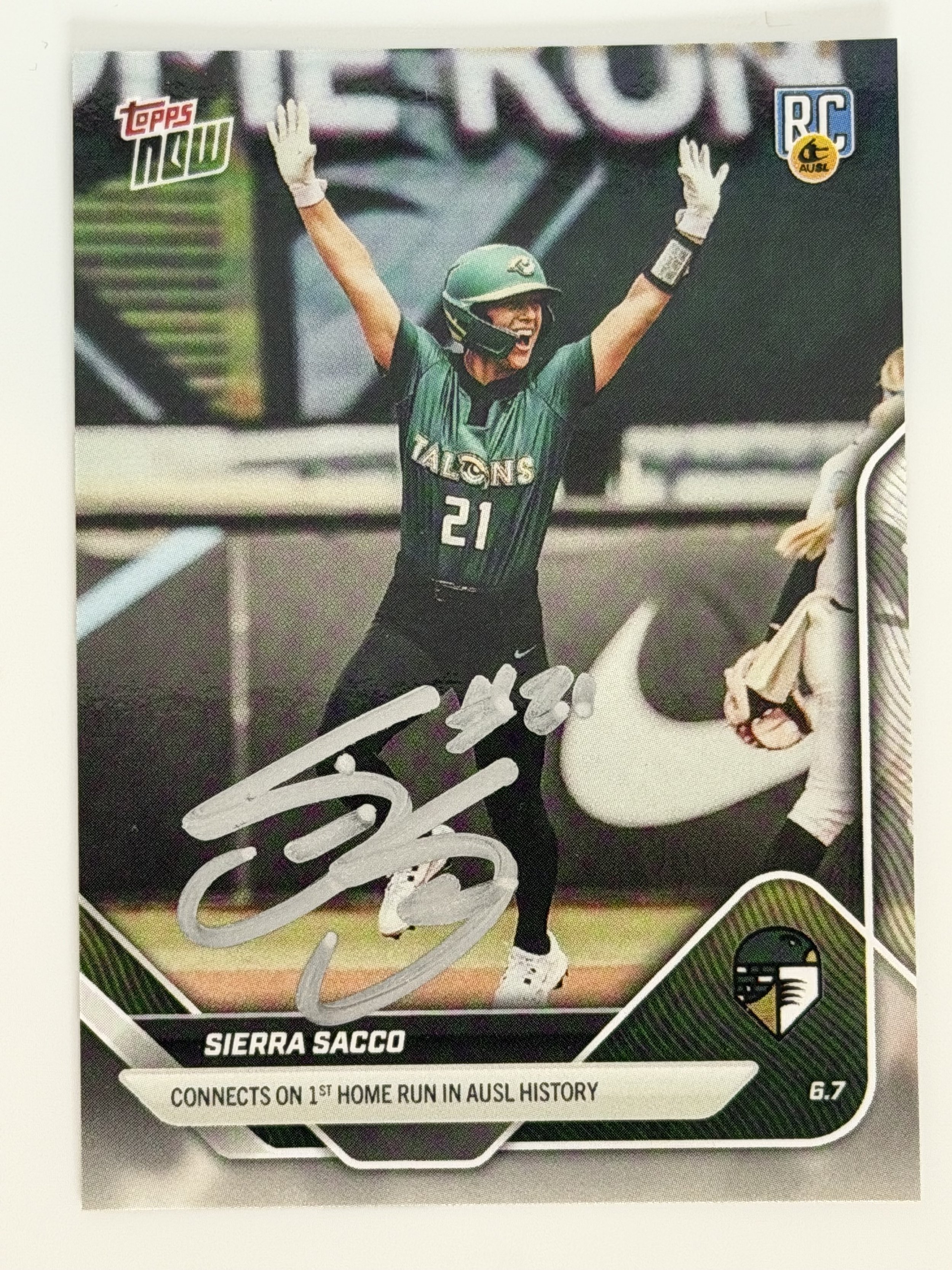 Signed 2025 Topps Now Sierra Sacco #2 (RC) - 1st Home Run in AUSL History - A