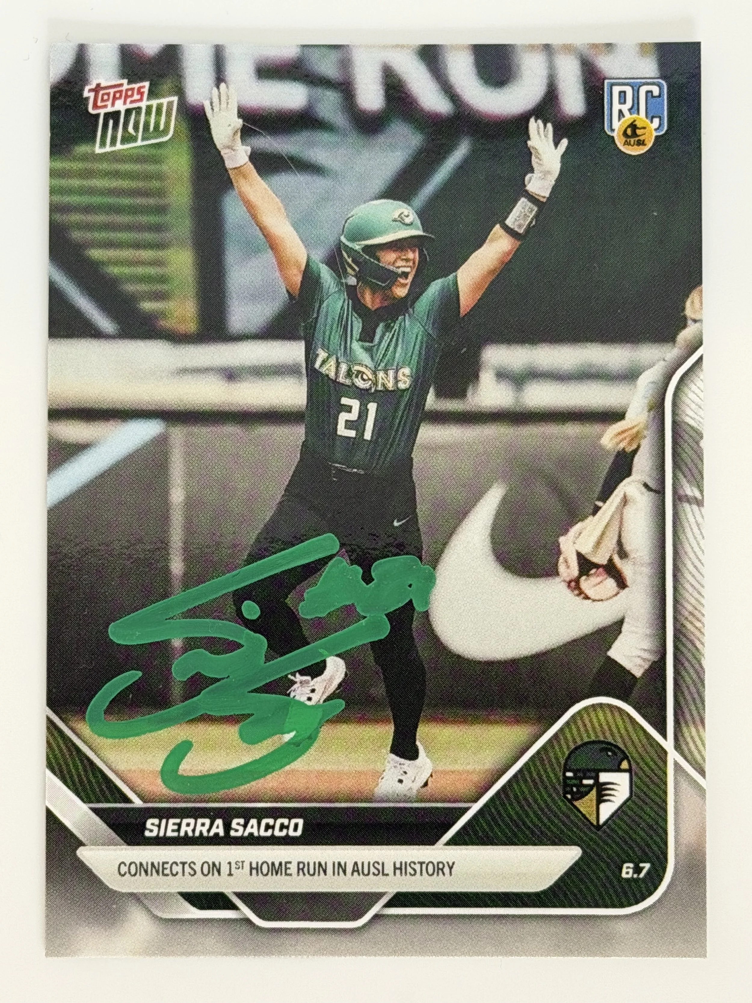 Signed 2025 Topps Now Sierra Sacco #2 (RC) - 1st Home Run in AUSL History - D