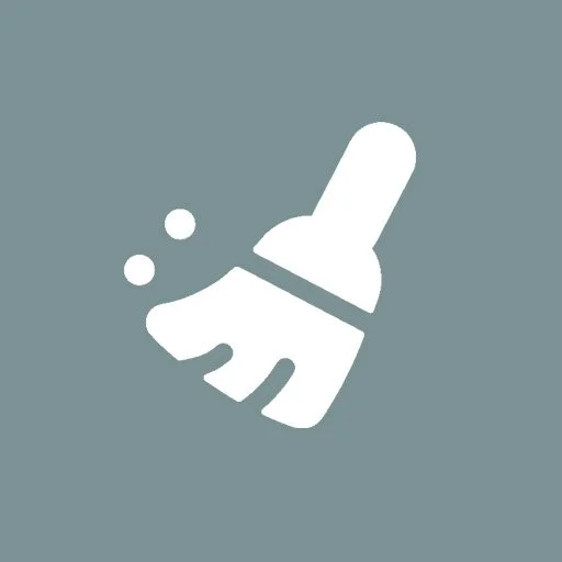 Icon of a dustpan and broom with dust particles