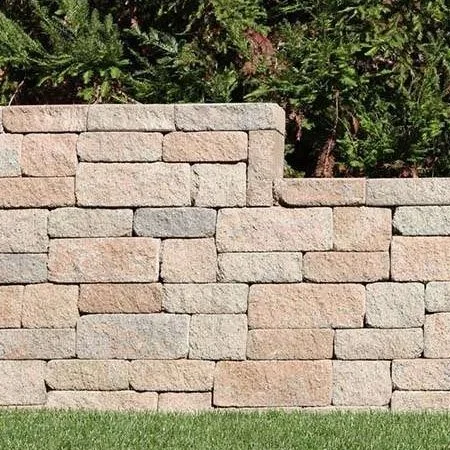 Stone brick wall with green shrubbery behind it and grass in front.