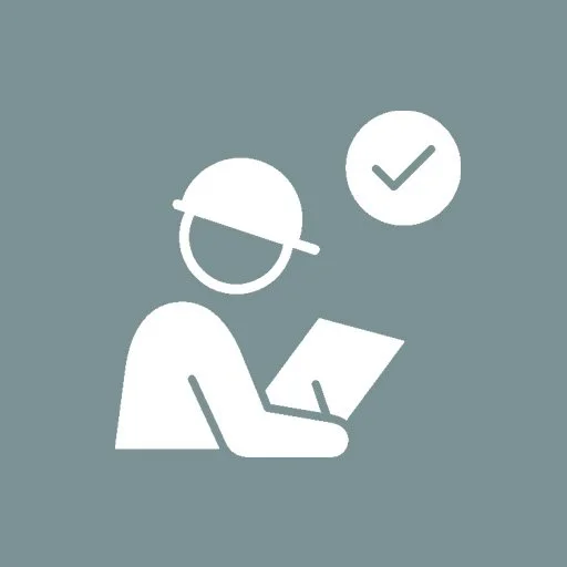 Icon of a person wearing a headset reading a document with a checkmark in a circle beside them.