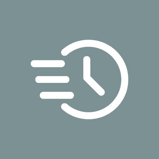 Icon of a clock with motion lines indicating speed or quickness on a gray background.