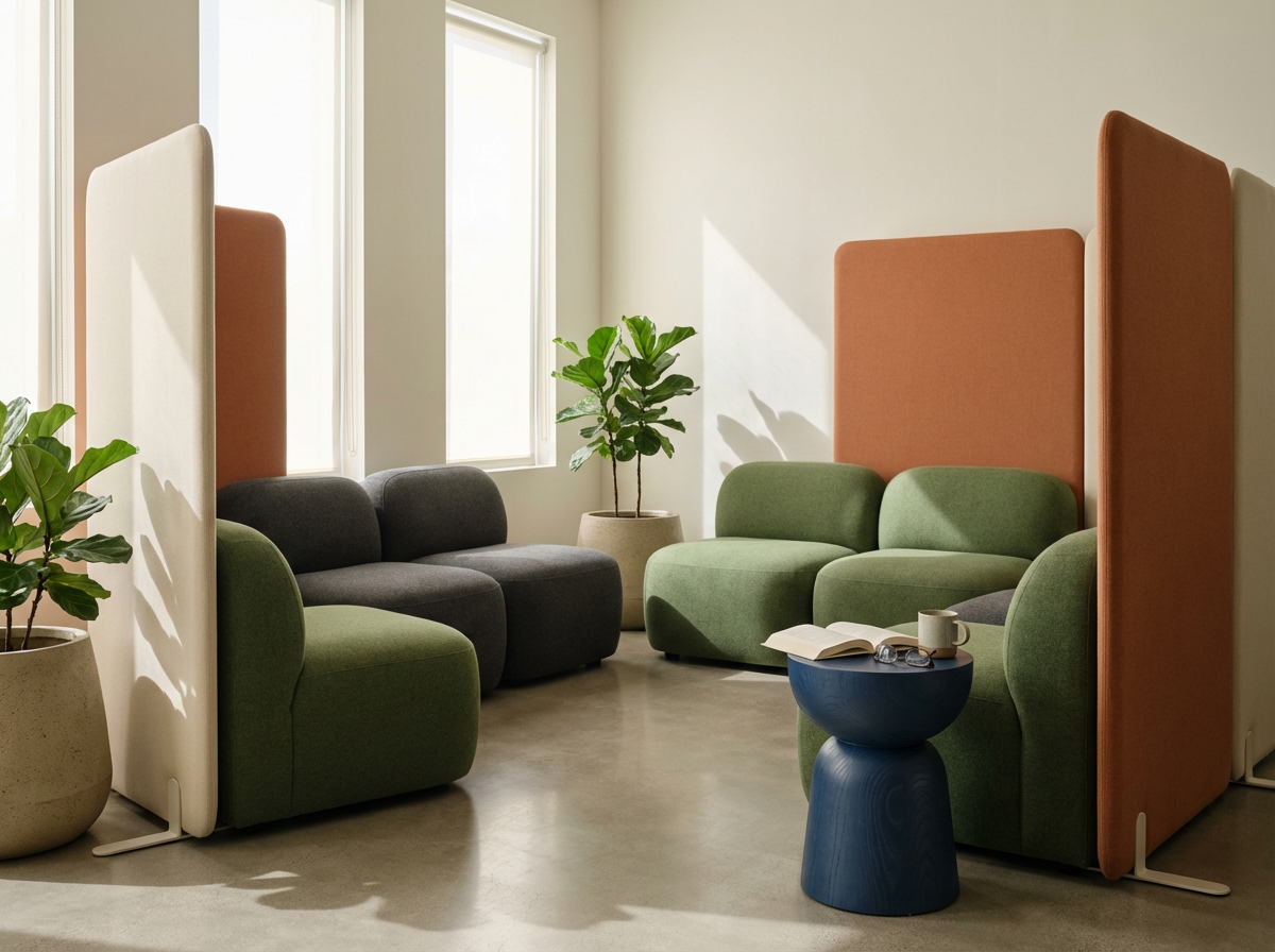 A cozy lounge area with modern green and gray armchairs separated by fabric room dividers, two potted plants and a blue side table holding an open book, a coffee mug, and glasses.