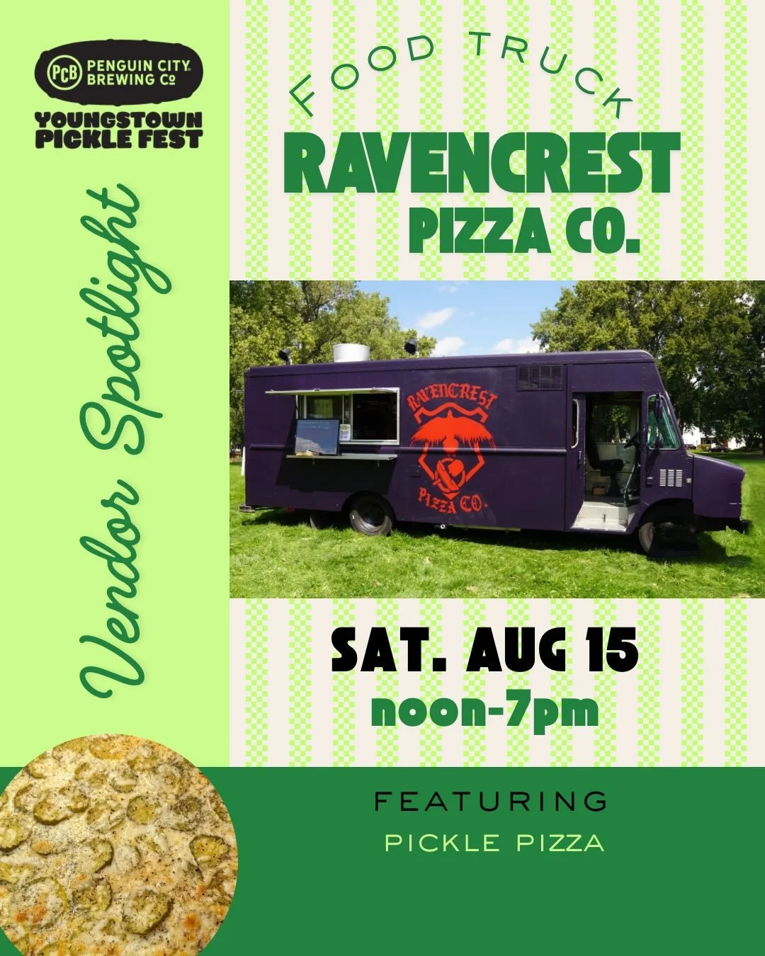 🤗We&rsquo;re excited to welcome Ravencrest Pizza Co. to the Brine &amp; Dine Food Truck Experience at Youngstown Pickle Fest!

🍕They&rsquo;ll be featuring their pickle pizza made with roasted white garlic parmesan sauce, Nathan&rsquo;s dill pickle 