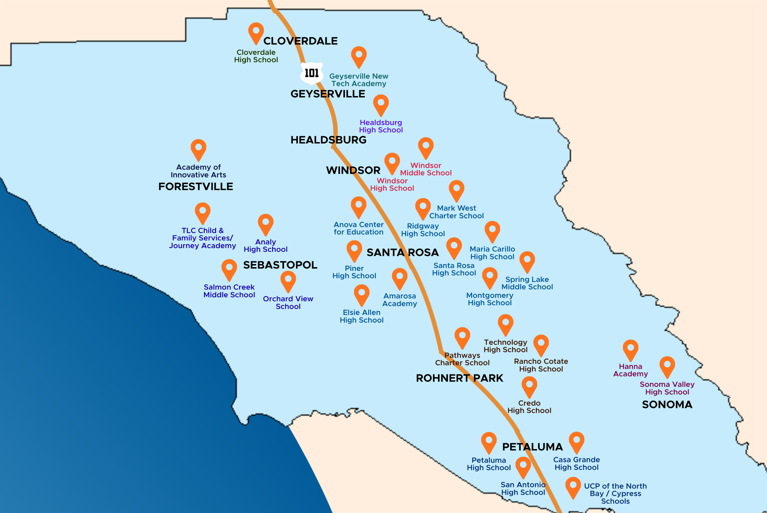 A regional map highlighting schools in the Sonoma area, including cities like Cloverdale, Geyserville, Healdsburg, Windsor, Santa Rosa, Rohnert Park, Petaluma, and Sonoma, with labels for high schools, middle schools, and educational centers.
