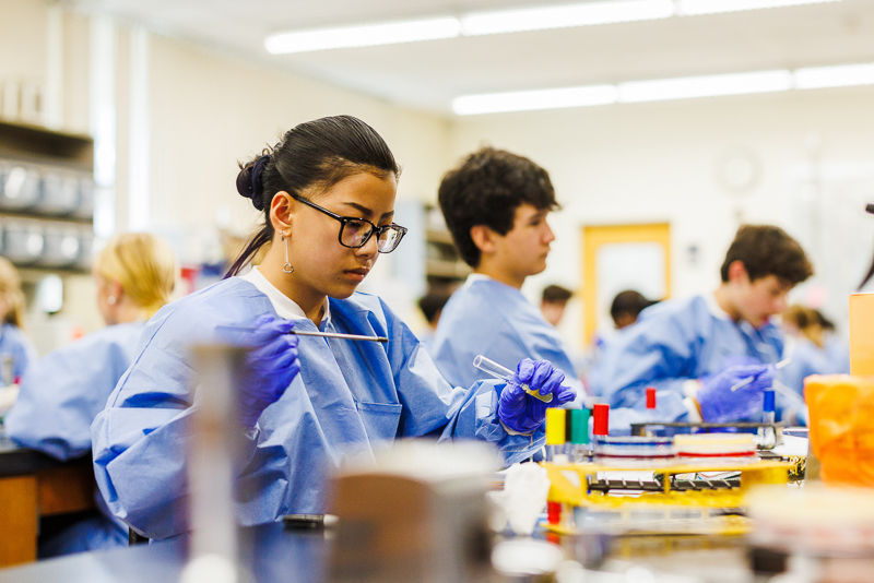 Students in a science laboratory wearing blue lab coats and gloves working on experiments with test tubes and laboratory equipment.