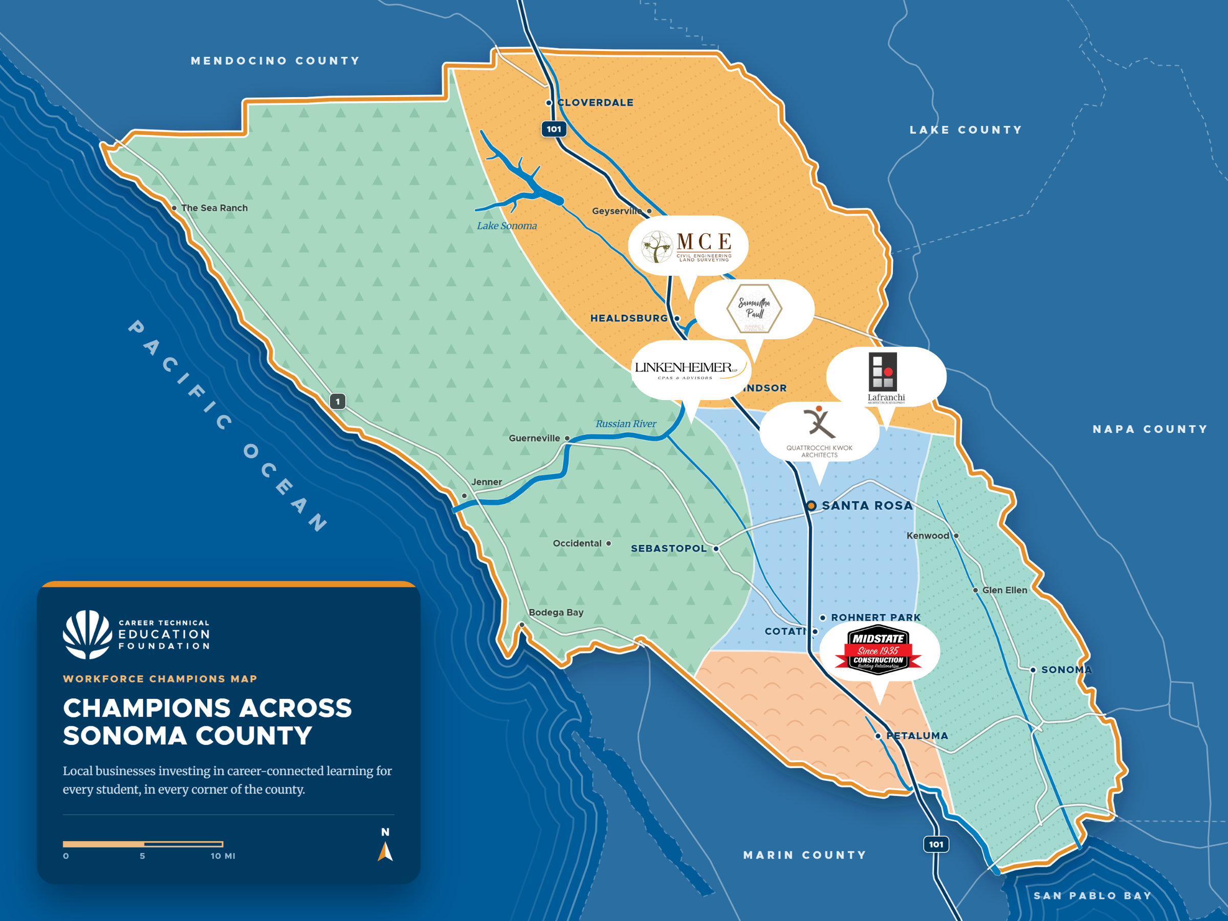 Map of Sonoma County highlighting local businesses and organizations, including MCE, Linkenheimer LLP, Quattrocchi Kwok Architects, LaFranchi Construction, and others, with geographic features such as lakes, rivers, and neighboring counties.