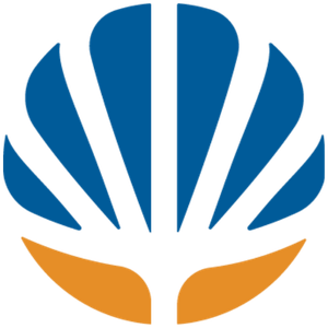 A stylized blue and orange logo resembling a shell or flower.