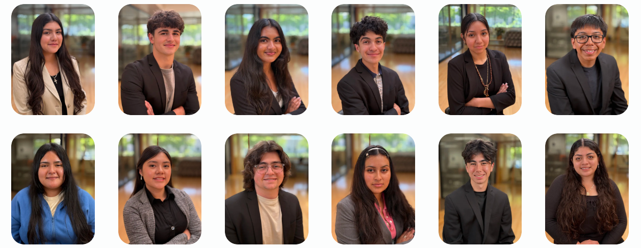 A group of ten diverse young adults posing for a headshot photoshoot indoors with a blurred background of windows and greenery.