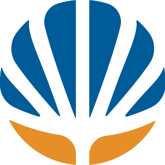 A stylized logo resembling a shell with black, blue, and orange elements.