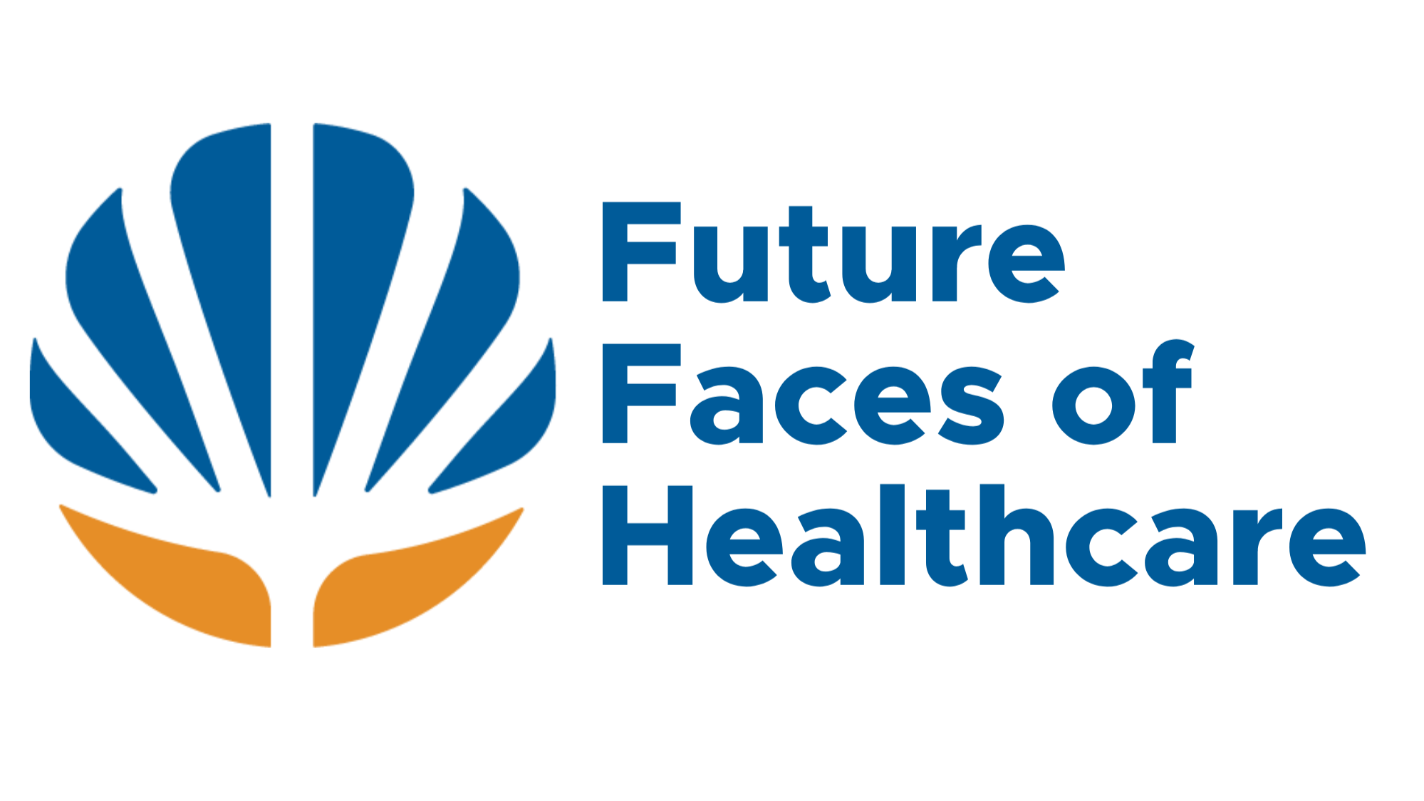 Logo of Future Faces of Healthcare featuring a stylized blue and orange open hand with a blue abstract shape resembling a face or sunflower next to blue text that reads 'Future Faces of Healthcare.'